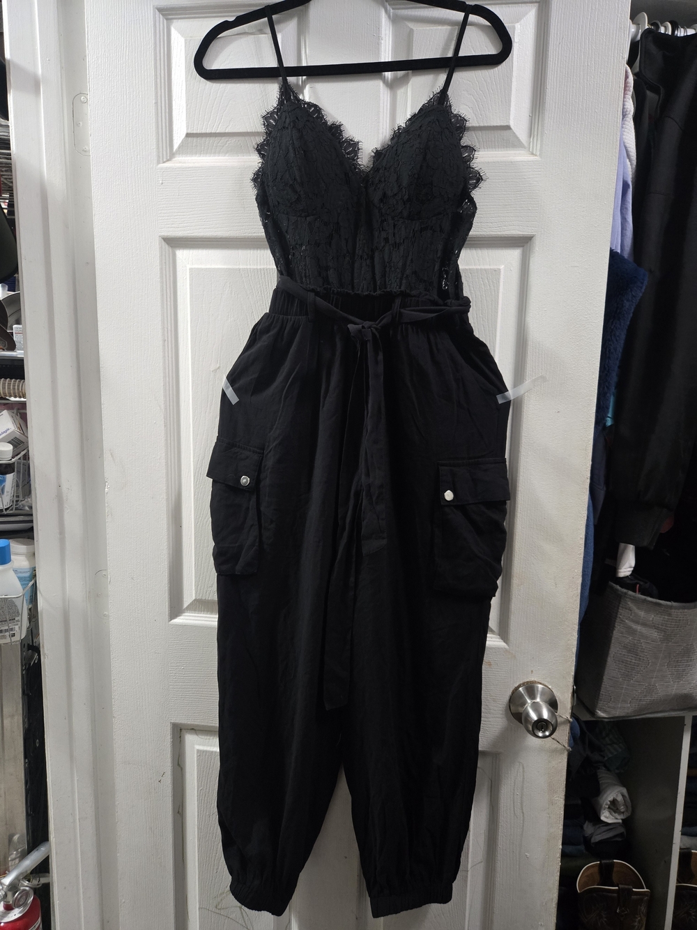 Charlotte Russe Black Lace Bodice Cargo Jumpsuit